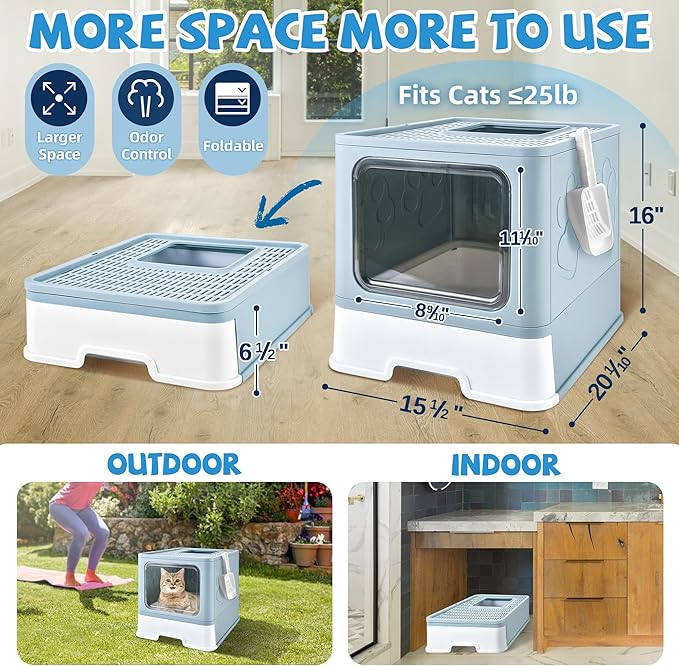 Covered Cat Litter Box with Litter Mat, Foldable Extra Large Dual Entry Adjustable Door, Drawer Design Enclosed Kitty Litter Box, Odor Control Anti-Splashing Easy Cleaning(Blue)