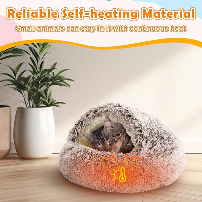 Cinnvoice 2 Pcs Self Warming Cat Beds with Hood, Self Heating Dog Cave Bed, Fluffy Round Covered Pet Pad, Plush Hooded Pet Beds with Non-Slip Bottom for Indoor Cat or Small Middle Dog(Coffee,20 in)