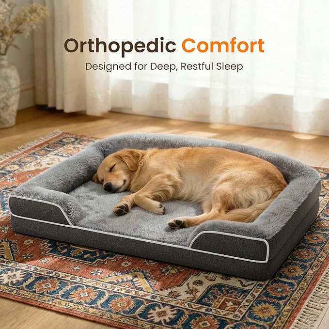 Orthopedic Dog Bed for Extra Large Dogs, 45 x 30 Inch Waterproof Egg Crate Foam XL Dog Couch Bed with Sides, Washable Removable Cover, Non Slip Bottom, Dark Grey