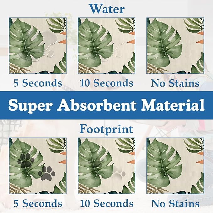 Boho Tropical Palm Pet Feeding Mat–Quick Dry Absorbent Dog Cat Food Mat, Non Slip Waterproof Bowl Placemat for Messy Eaters, Pet Accessories for Floors 12"x20"