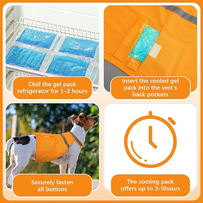 Aliceset 2 Pcs Dog Cooling Vest with 4 Recyclable Ice Pack Summer Outdoor Dog Cooling Harness Shirt Adjustable Pet Cooler(Orange,Medium)