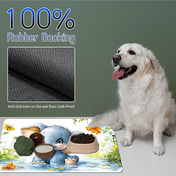 Dog Food Mat, 19.6" x 23.6" Absorbent Pet Feeding Mat for Food and Water, Waterproof Diatom Mud Pet Placemat with Non-Slip Rubber Backing, Easy Clean Cat Bowl Mat for Floors - Gray Elephant