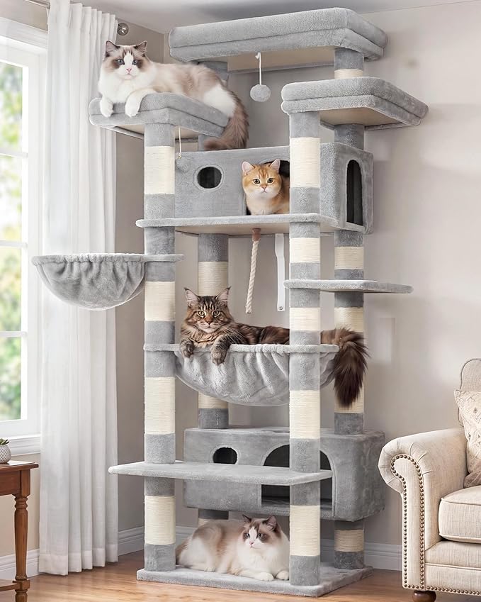 Gitelsnour Cat Tree for Indoor Cats Large Adult, 74" Cat Tower with 3 Big Platforms, 2 Baskets, 2 Condos, Multi-Level Cat Scratching Posts, Light Gray GCT030W