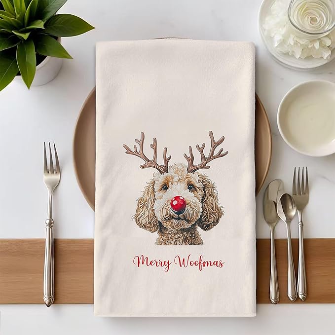 Poodle Teddy Towels Gifts - Christmas Navidad Poodle Teddy Kitchen Decor, Christmas Dog Gifts, Merry Woofmas Xmas Hand Towels Dish Towels for Kitchen Bathroom, 16x24 Inch