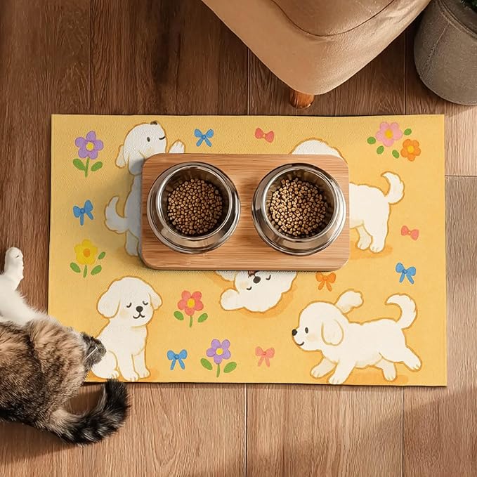 HOMETITUTE Bichon Frise Pet Food Mat Cute Spill-Proof Dog Water Bowl Mat Funning Mats for Cat Food and Water Bowls Cute Easy Clean Dog Bowl Mats Pet Placemat 20" x 12" Fast Dry Pets Feeding Pad