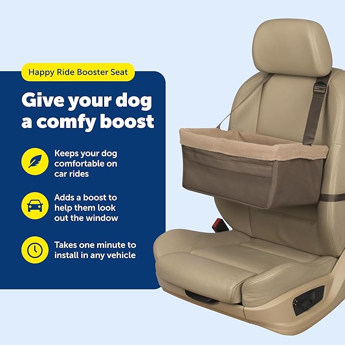 PetSafe Happy Ride Booster Seat Raised Dog Travel Seat Installs on Car Seats with a Headrest Safety Tether Machine Washable Folds Flat for Storage