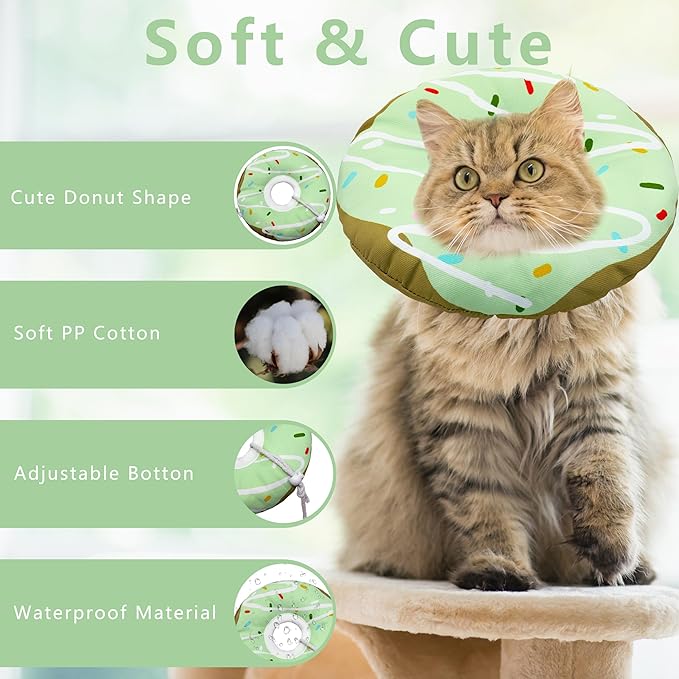 Seyezo Cat Cone Collar Soft, Adjustable Cat Recovery Collar Kitten Cones to Stop Licking, Cute Donut E Collar After Surgery, Cats Neck Pillow Cone Elizabethan Cones of Shame (Waterproof Green, Large)