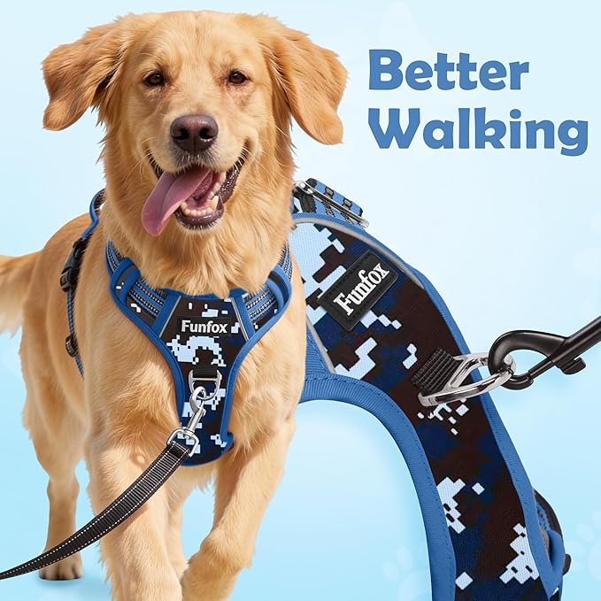 Funfox Dog Harness No Pull, Adjustable Pet Vest Harness, Super Soft Material with Vertical Handle Easy Control, Reflective Night Walking, 2 Leash Clips for XLarge Dogs, Mosaic Blue, XL