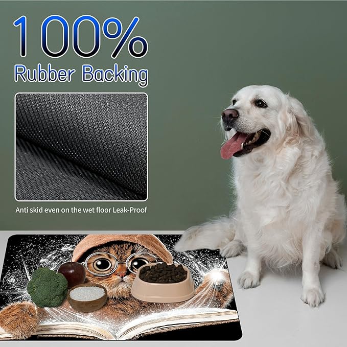 Dog Food Mat, 15.7" x 23.6" Absorbent Pet Feeding Mat for Food and Water, Waterproof Diatom Mud Pet Placemat with Non-Slip Rubber Backing, Easy Clean Cat Bowl Mat for Floors - Cute Cat Books
