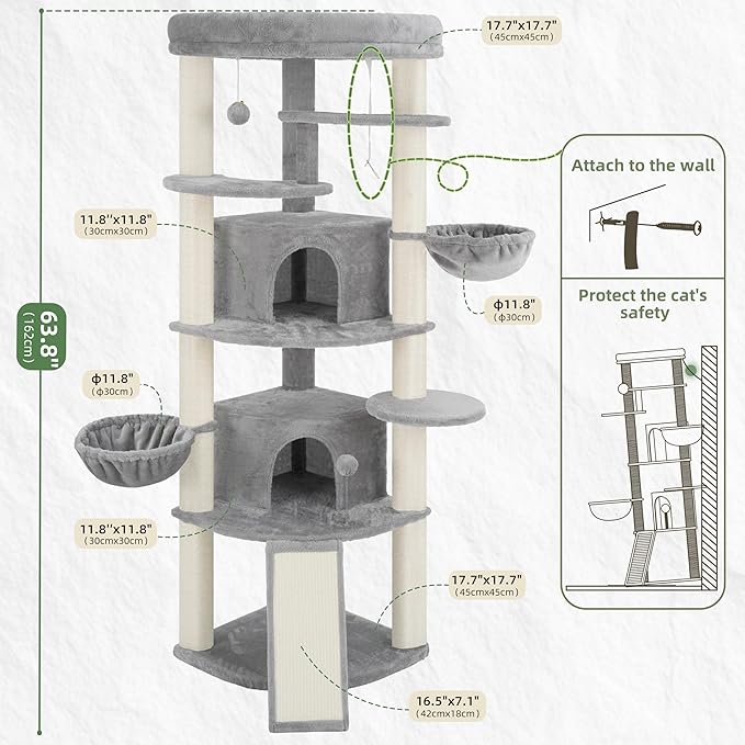 Gitelsnour Corner Cat Tree for Indoor Cats, Cat Tower with All Sisal Scratching Posts, Multi-Level Cat Condo wth 2 Large Cat Caves, Big Top Perch, 2 Hanging Baskets, Sisal Ramp, Light Gray GCT035W
