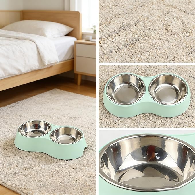 Double Pet Bowl Set for Small Dogs & Cats, Green Non-Slip Stainless Steel Food Water Bowls, BPA-Free Mess-Free Feeding Station for Kittens, Puppies and Tiny Pets
