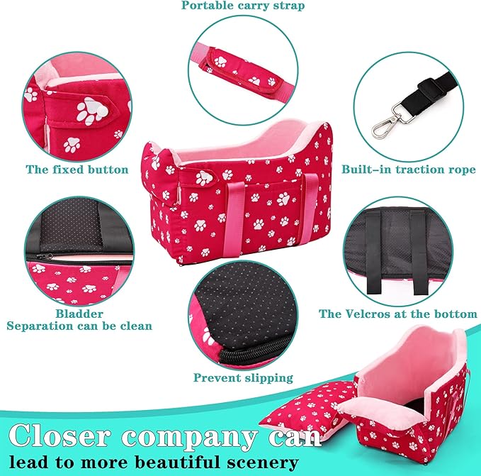 Center Console Dog Car Seat for Small Dogs Under 15 lbs - Detachable Washable Carrier with Safety Belt & Storage Pockets, Pink