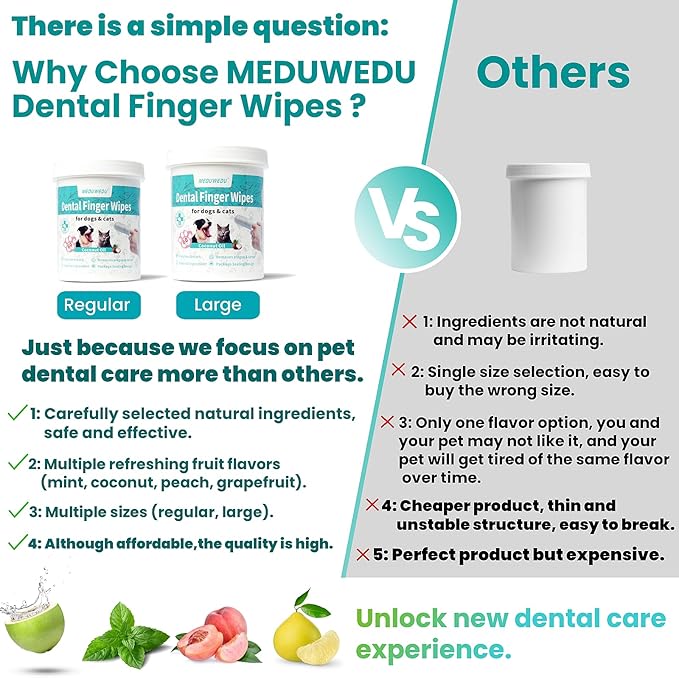 MEDUWEDU Dental Care Finger Wipes 120 Counts,Teeth Cleaning Finger Wipes for Dogs & Cats,Reduces Plaque & Supports Oral Freshness, Coconut Scent
