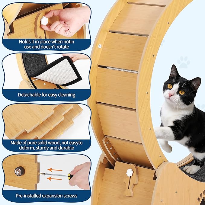 GarveeLife Cat Exercise Wheel, Wooden Cat Running Treadmill with Carpeted Runway for Indoor Cats, Low Noise Removable Carpet Cat Wheel for Kitty Running Walking Training