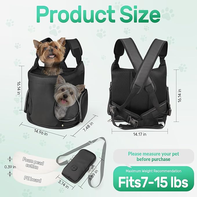 YUDODO Dog Front Backpack Carrier 7-15 lbs, Soft Breathable Pet Front Facing Carrier with Adjustable Straps, Multi-Pocket Design, for Small Dogs & Cats (with Detachable Sling Pouch - Black)