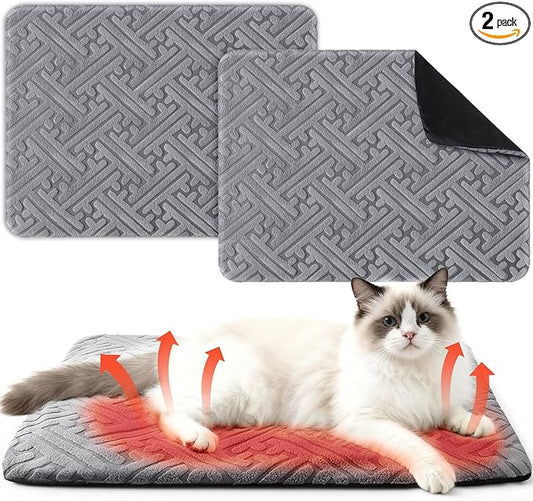 2 Pcs Winter Self Warming Cat Bed, Self Heating Cat Dog Pad 20 x 16 Inch Outdoor Warm Thermal Mat Pad with Removable Cover Non-slip Bottom Washable Reflects Body Heat for Indoor Small Dog(Grey)