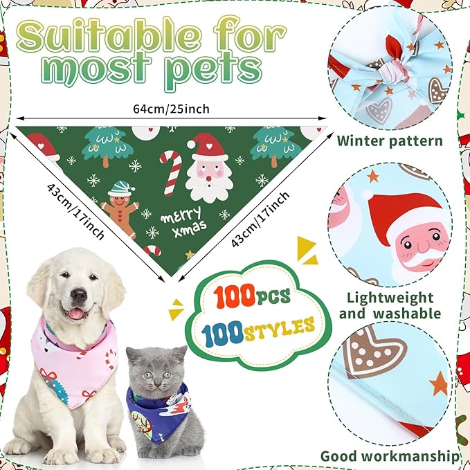 Huhumy 100 Pcs Christmas Dog Bandanas Bulk Pet Bibs Colorful Triangle Scarf Xmas Pet Bandanas for Medium Large Dogs Christmas Party Xmas Costume Decor