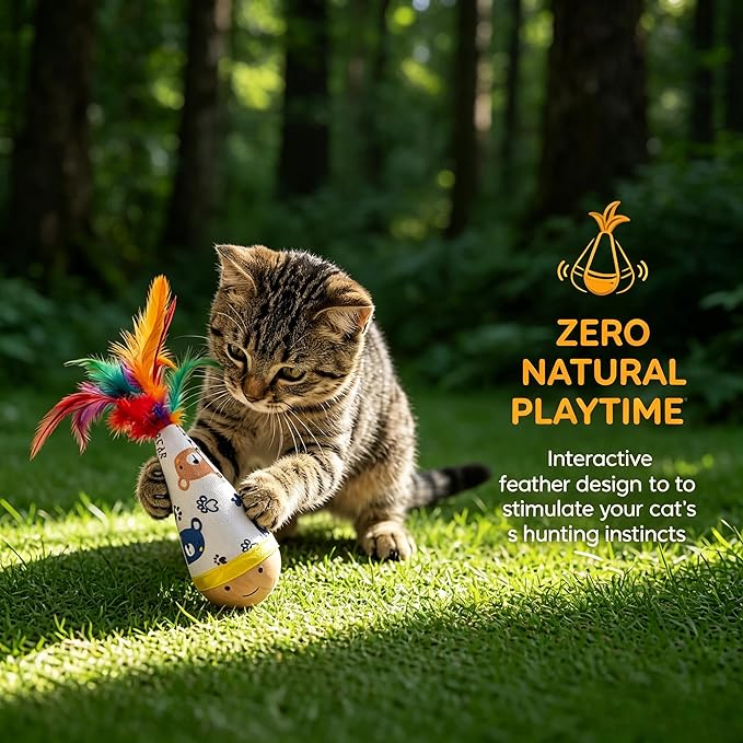 Natural Beechwood Cat Toy, 2-Pack Weeble Wobble Tumbler Toy for Indoor Cats & Small Dogs, Self-Righting Interactive Toy with Colorful Feathers, Silent Battery-Free Play for Solo Exercise