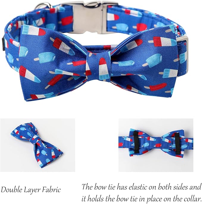 Lionet Paws Patriotic Dog Collar with Bowtie, 4th of July, Soft and Comfortable Adjustable Summer Popsicle Bowtie Collar for Dogs Male Female Gift, Small, Neck 10-16 inches
