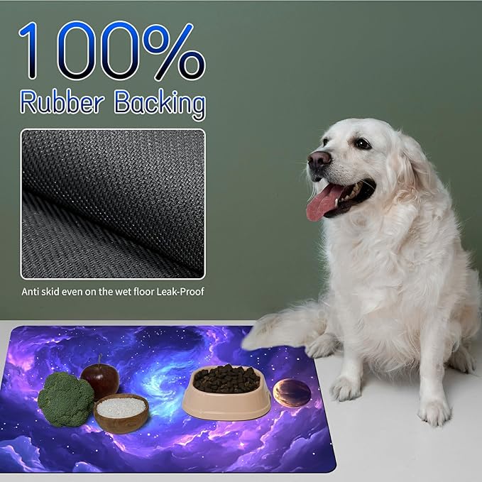 Dog Food Mat, 15.7" x 23.6" Absorbent Pet Feeding Mat for Food and Water, Waterproof Diatom Mud Pet Placemat with Non-Slip Rubber Backing, Cat Bowl Mat for Floors - Purple Starry Sky