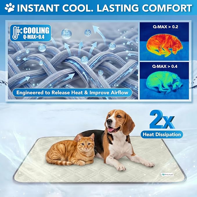 PetAmi Dog Cooling Mat, Waterproof Self Cooling Dog Pad with Non-Slip Backing, Q-Max >4.0 Pet Cooling Mat for Crate, Couch, Kennel & Car, Indoor Outdoor Summer Use, Beige, 29x40