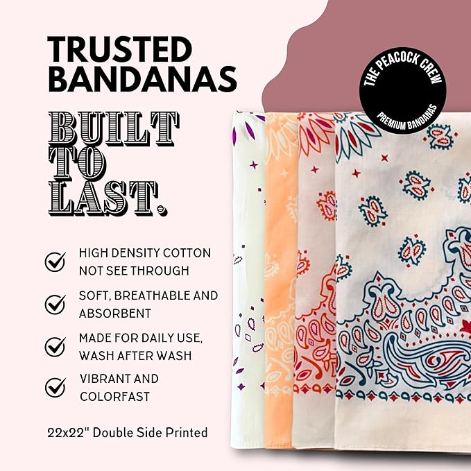 The Peacock Crew Premium Soft Cotton Bandanas Pack for Men and Women Paisley 22 x 22 inches