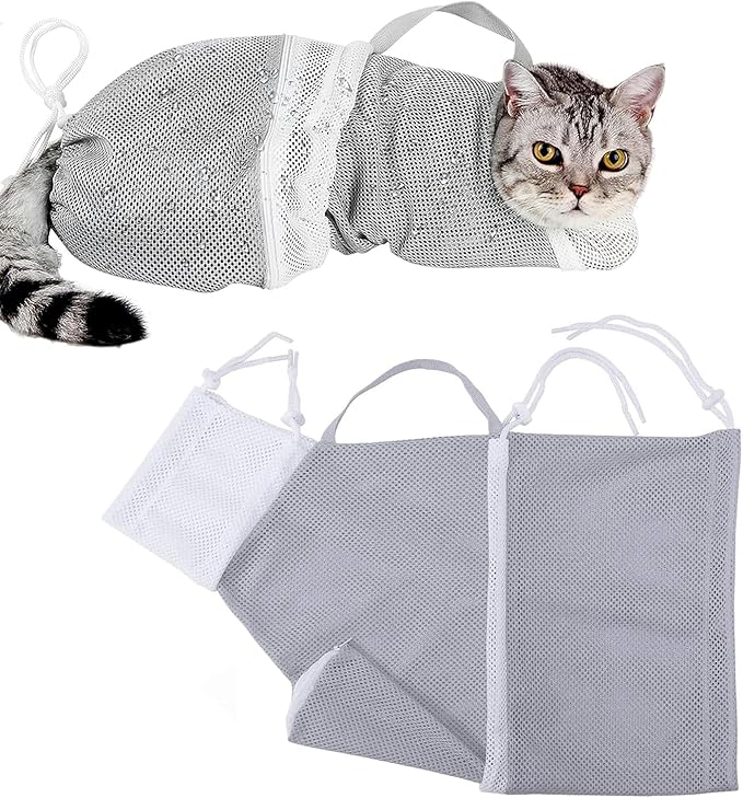 Adjustable Cat Bathing Grooming Bag, Puppy Dog Pet Cleaning Shower Net Bag, Anti-Bite Scratch Cat Restraint Bag for Shower, Cleaning Ear, Medicine Feeding, Nail Trimming (Grey + White)
