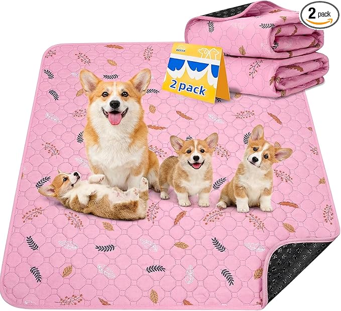 Sunheir Washable Pee Pads for Dogs 2-Pack Reusable Puppy Pads Pet Training Pads, Waterproof Dog Pee Pads for Crate, Whelping Pad, Non-Slip Protects Against Urine Leakage (Leaves - Pink, 24x36)