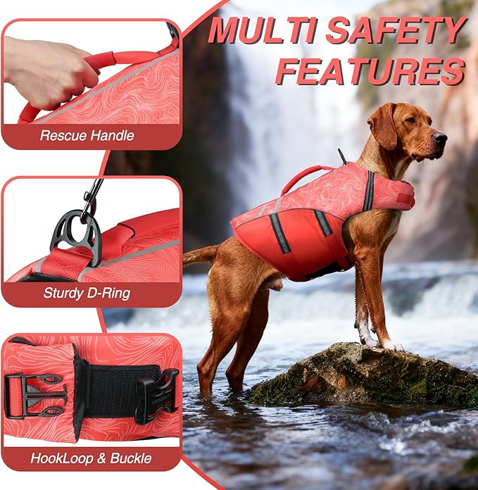 VIVAGLORY Sports Style Dog Life Vest, Dog Life Jacket for Swimming & Boating, Ripstop & Buoyancy for Puppy Doggy, Lifejacket with Handle, XL, Red