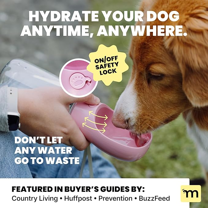 MalsiPree On the Go Dog Water Bottle Dispenser - 12 oz Pink - Leak-Proof Lock & One-Hand Operation - Pet Travel Bottle with Built-in Bowl, for Travel, Trail Hiking, Park Visit, Camping & Beach Days