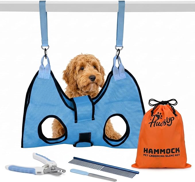 PawsUp Pet Grooming Hammock Kit for Large Dogs, 4-in-1 Professional Grooming Sling for Nail Trimming, Includes Heavy Duty Clipper, Nail File, and Steel Comb – Blue