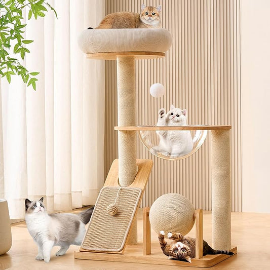 HITTITE Solid Wood Cat Tree Tower with Scratching Post, 37.8 Inches Tall Cat Towers with Scratching Board and Scratcher Ball, Modern Cat Tower With Space Capsule and Removable Top Bed for Indoor Cats.