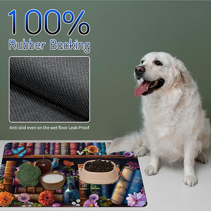 Dog Food Mat, 19.6" x 23.6" Absorbent Pet Feeding Mat for Food and Water, Waterproof Diatom Mud Pet Placemat with Non-Slip Rubber Backing, Easy Clean Cat Bowl Mat for Floors - Flower Book