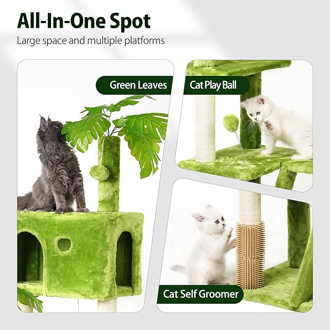 Meecal 65in Tall Cat Tree with Leaves for Indoor Cats, Green Cat Tower with Scratching Post,Hanging Hammock,Cozy Perch,Swing Ball,Self Groomer and Cat Ladder,Cat Tree Tower
