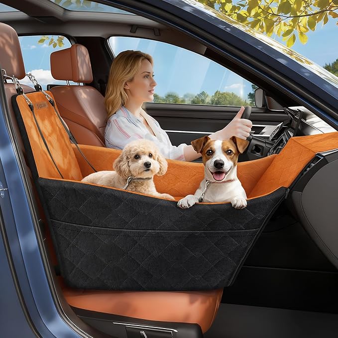Elevated Dog Car Seat, Dog Booster Car Seats for Small & Medium Breeds Up to 35lbs, Fully Detachable and Washable, Soft Foam Pet Carseat with 2 Storage Pockets & 3 Safety Belts, Black + Brown
