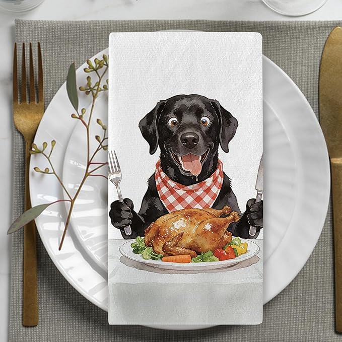 Funny Chef Black Labrador Dog Kitchen Dish Towels Set of 2, Roast Turkey Drying Hand Towel Baking Cooking Cloth, Thanksgiving Bathroom Home Decoration Pet Dog Owner Lover Gifts 18'' x 26''