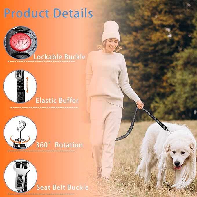 Seyezo Dog Car Seat Belt Set - 3 Piece Retractable Harness, Adjustable Reflective Seatbelt for Vehicle Headrests, Safety Restraint, Heavy Duty & High Elastics, Black
