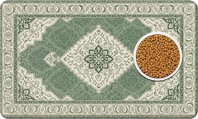 Pet Dog Cat Food Mat, Absorbent Dog Bowl Mats for Food and Water, Non Slip Boho Dogs Cat Placemats Feeding Mat for Floors Indoor Puppy Pet Accessories Supplies 17 * 30 inch, Retro Green