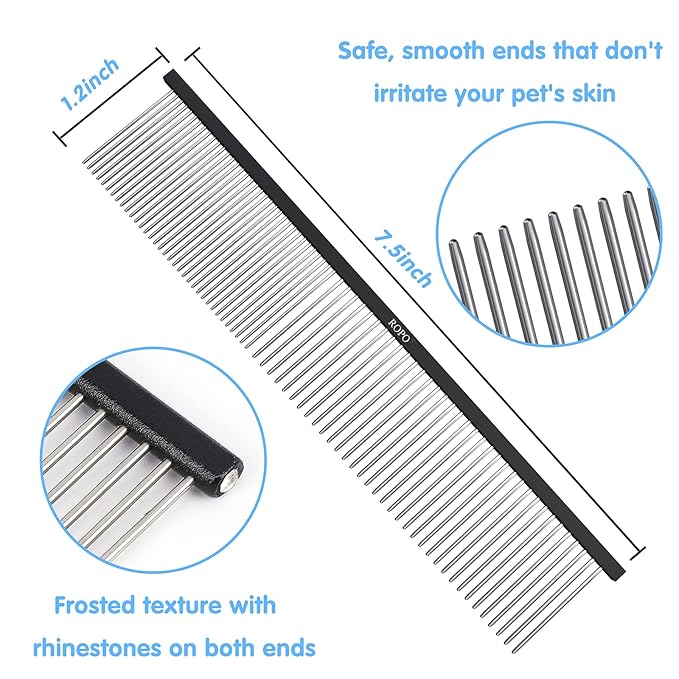 ROPO Dog Comb Tool for Removing Matted Fur - Pet Dematting Comb with Rounded Teeth and Non-Slip Grip Handle - Prevents Knots and Mats for Long and Short Haired Pets (Square handle, Black)