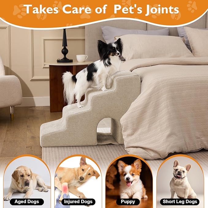 Dog Stairs for Bed 19.5’’ H, 4-Step Dog Steps for High Bed, Pet Stairs for Small Dogs and Cats to Get on Beds, Couch, Non-Slip Balanced Pet Steps and Ramp with Waterproof Cover and Tunnel, Beige