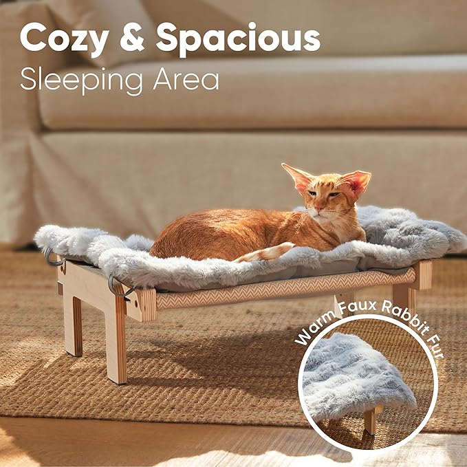 FUKUMARU 3-in-1 Cat Window Perch, Convertible Hammock for Window, Bedside and Floor, Sturdy Cat Window Bed w/Fluffy & Removable Cushion for Indoor Large Cats & Kittens, Reinforced Wood and Metal Frame