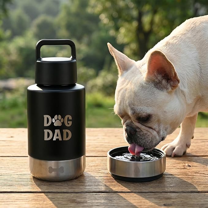 Dog Water Bottle 32oz, Insulated Stainless Steel Travel Water Dispenser with 2 Detachable Dog Bowls for Food and Water, Leak Proof Portable Pet Drinking Cup for Walking Hiking Camping