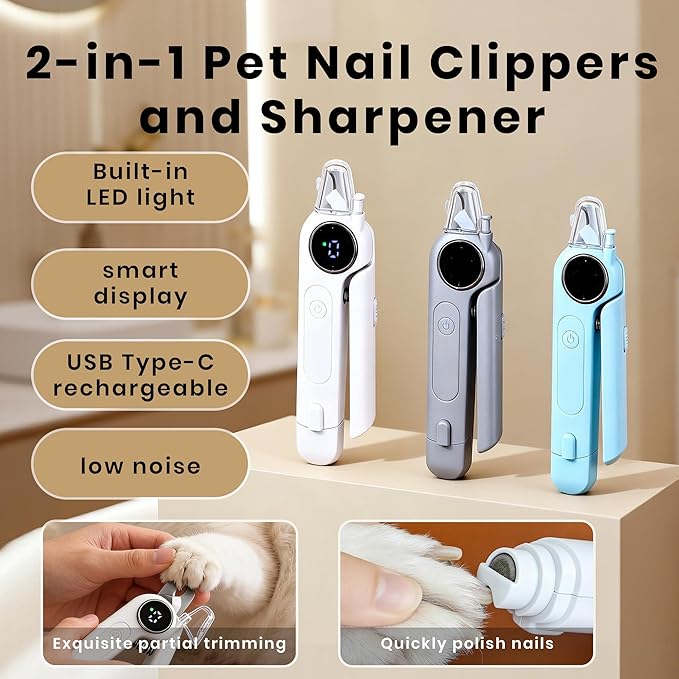 2-in-1 Dog Nail Clippers w/Light & Grinder, Pet Nail Clippers & Dog Nail Grinder for Black Nails, HD Smart Display Pet Trimmer, 3-Speed Quiet Rechargeable for S/M/L Dogs Cats (Blue)