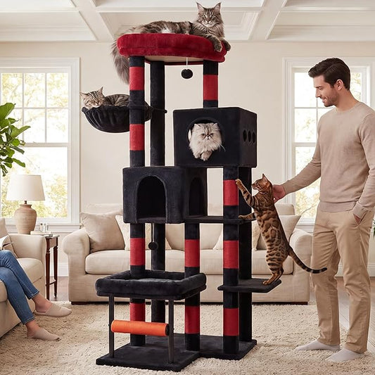 Hey-brother Cat Tree, 68.5 inch Cat Tower with L-Shaped Extended Base, Multi-Level Furniture with 2 Spacious Candos, 2 Platforms, 11 Scratching Posts, Hammock and Toy Ball,Black and Red MPJ086BR
