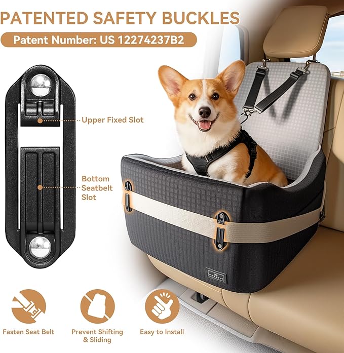 PETSFIT Dog Car Seat for Small/Medium Dogs Up to 35 lbs – Patented Safety System, 5" Memory Foam Pet Booster Car Seat, Fully Detachable and Washable Dog Carseat with 2 Storage Pockets (Black & Grey)