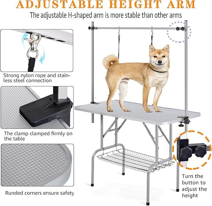 Professional Dog Pet Grooming Table Adjustable Heavy Duty Portable w/Arm & Noose & Mesh Tray (Grey, 46")