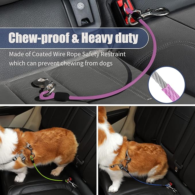 Dog Seat Belt Harness for Car,2pcs Dog Seatbelt of Coated Wire Leash Safety Restraint,No Chew Tether Cable Vehicle Dogs Accessories,Double Clips & Latch (Purple, 32 inch/80 CM)