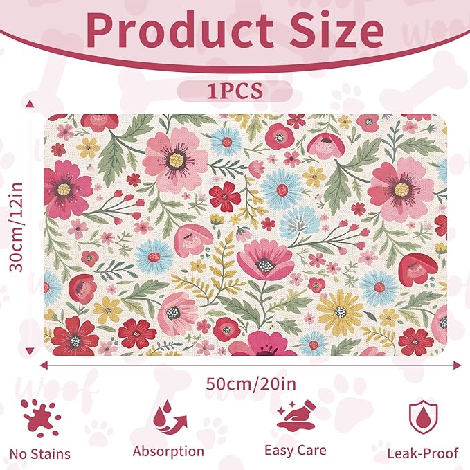 Pet Dog Cat Food Mat, Absorbent Quick Dry Dog Bowl Mats for Food and Water, Non Slip Boho Floral Dogs Cat Placemats Feeding Mat for Floors Indoor Puppy Pet Accessories Supplies 12 * 20 inch