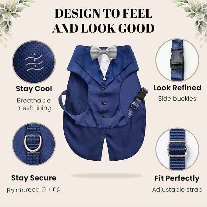 AVERYDAY Dog Tuxedo with Bow Tie for Wedding Outfit, Dog Suit Costume for Christmas Halloween Valentine’s Day, Adjustable Pet Tux Harness with Leash Ring, Formal Wear for Small Medium Large Dogs