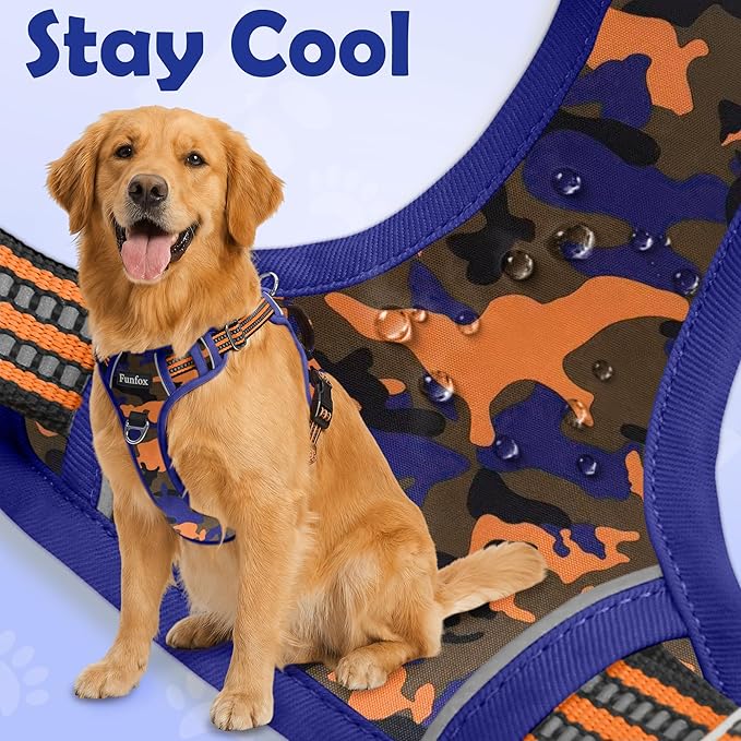 Funfox Dog Harness No Pull, Adjustable Pet Vest Harness, Super Soft Material with Vertical Handle Easy Control, Reflective Night Walking, 2 Leash Clips for Medium Sized Dogs, Camo Orange, M